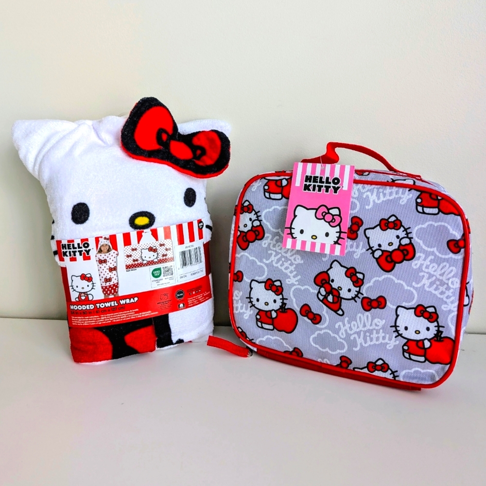BUNDLE Hello Kitty Lunch Bag & Hooded Bath Towel Wrap Girls Sanrio Red Bow NWT